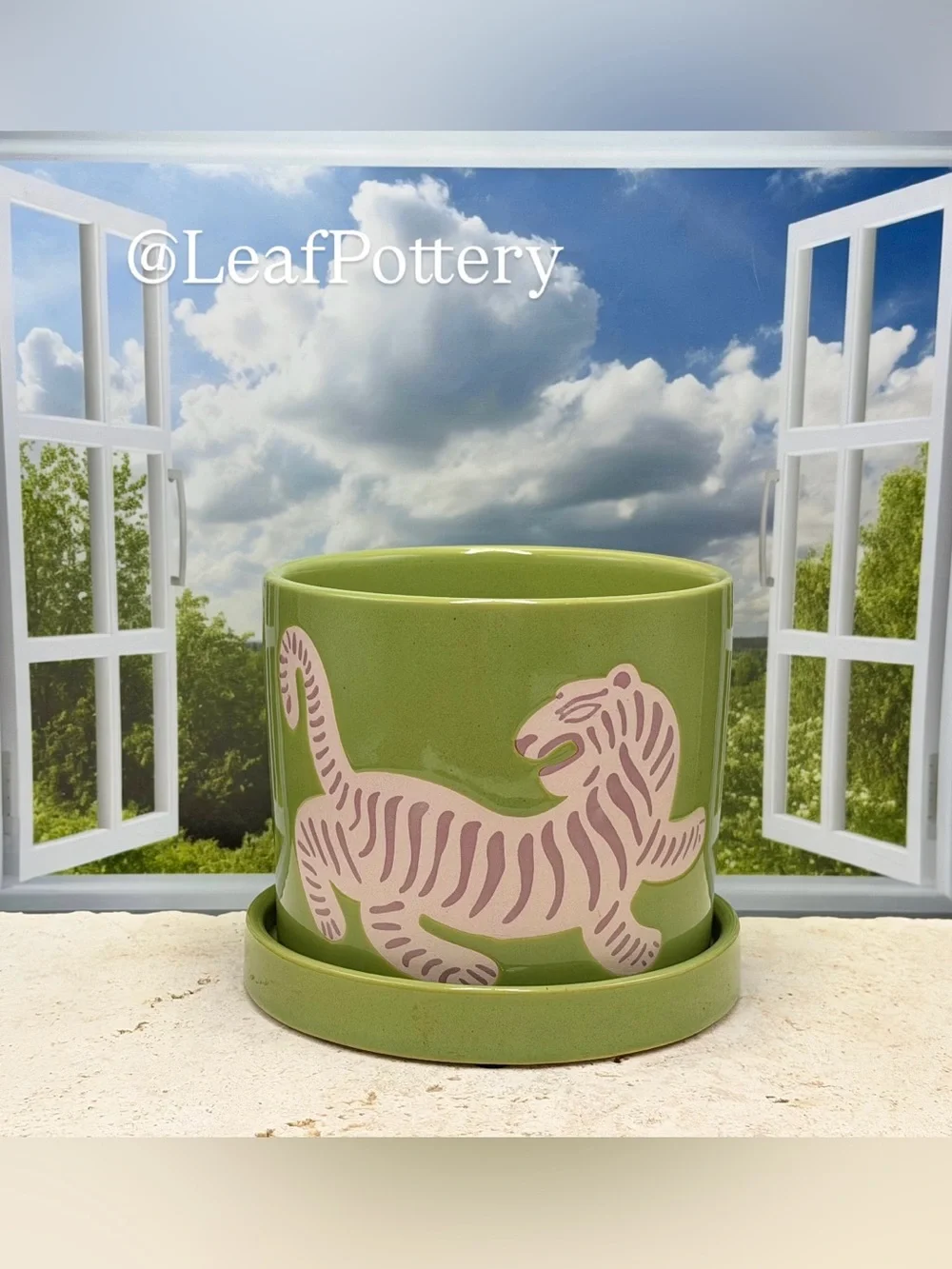 Tiger Ceramic Planter with Saucer 5 Inch, Cute Green Indoor Plant Pot
